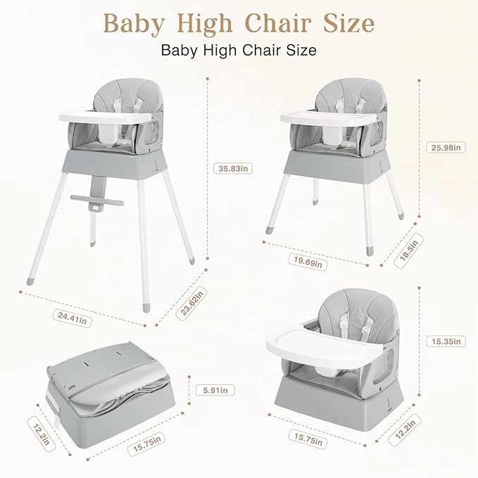 5 in 1 Foldable Baby High Chair,Convertible Highchair for Babies and Toddlers-Portable Infant Booster Seat,Carry Small Box,Dining Chair,Toddler High Chair with 5-Point Harness,Removable Tray-Grey