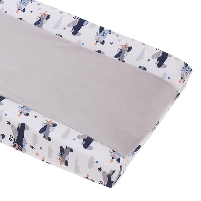 Little Love by NoJo Soar High Lil One Contoured Changing Pad Cover with Airplane Pattern - Soft Plush Center Panel for Baby Comfort - 16" x 32" x 6" - Gray, Navy, Light Blue, and White