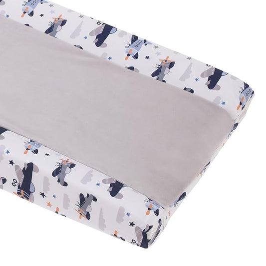 Little Love by NoJo Soar High Lil One Contoured Changing Pad Cover with Airplane Pattern - Soft Plush Center Panel for Baby Comfort - 16" x 32" x 6" - Gray, Navy, Light Blue, and White
