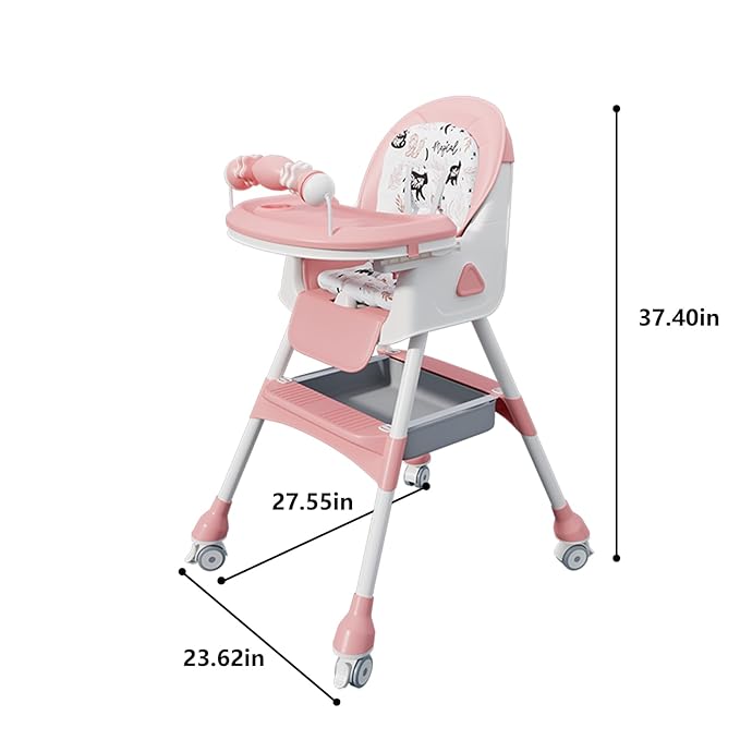 Foldable 4-in-1 Baby High Chair for Babies & Toddlers, High Chair with Detachable PU Cushion, Removable Tray, Adjustable Height, Locking Wheels,Pink