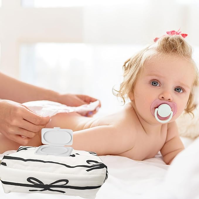 Reusable Bow Baby Wipes Dispenser - Portable Wet Tissue Storage Bag for Travel, Refillable Diaper Wipe Holder for Car and Stroller –Hanging Wet Wipe Pouch(White/Black)