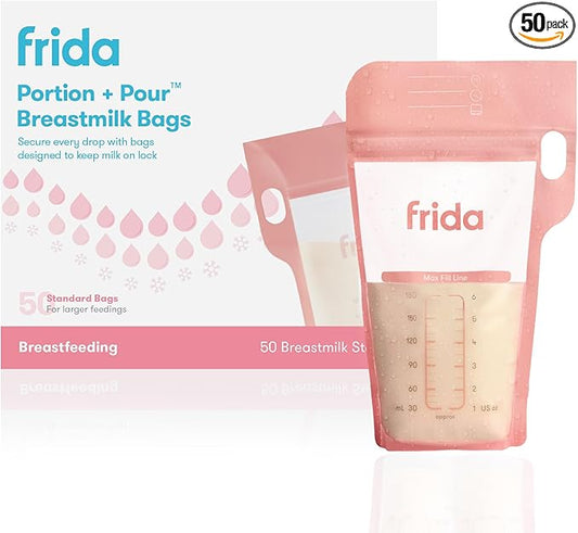Frida Mom Breastmilk Storage Bags, 50ct Standard Freeze & Thaw Milk Bags for Breastmilk, Leakproof Seal, Perfect Pour Spout, Precise Portions, No Slip Finger Grip, BPA Free, 6oz Bag