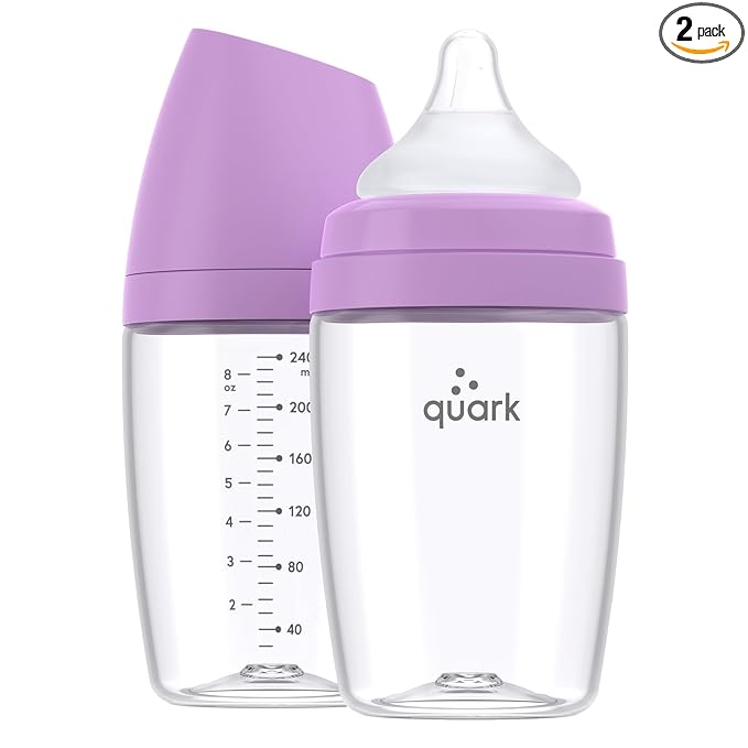 BuubiBottle Max Slow Flow Bottle for Newborn Babies by Quark - with Anti-Colic RealFeel Nipple to Simulate Breastfeeding - BPA-Free, PVC-Free, Toxin-Free - 8 Oz Bottle with Lid, 2 Pack - Purple