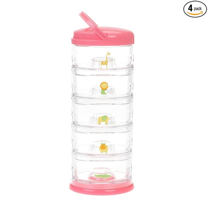 Innobaby Packin' Smart Stackable and Portable Storage System for Formula, Baby Snacks and More. Set of 5 Stackable Containers in Strawberry Sorbet. BPA Free.