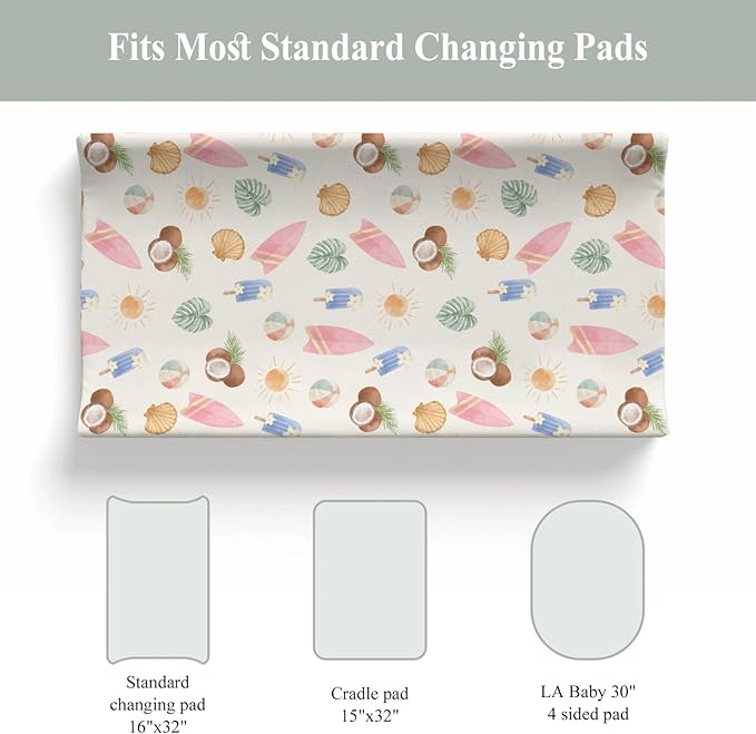 Neutral Summer Beach Changing Pad Covers for Baby Girls Boys Surfboard Coconut Seashells Sun Balls Fitted Change Table Pad Covers Mats Seaside Holiday Soft Diaper Changing Pad Sheets 32''×16''