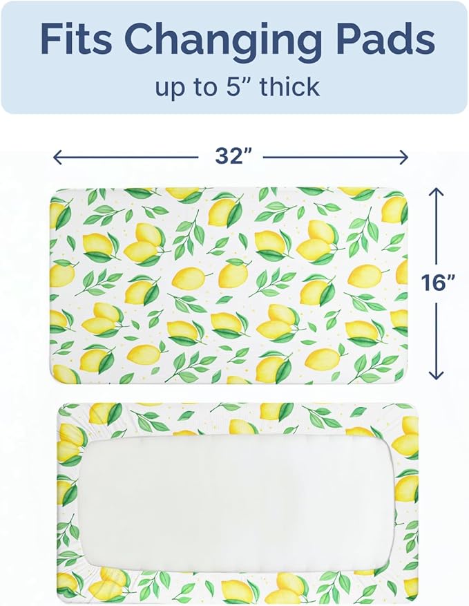 Changing Pad Cover - Pack of 2 Soft Unisex Diaper Change Microfiber Table Sheets - Fits 32"x16" Contoured Pad - Changing Pad Cover for Baby Boys and Girls - Snug, Machine Washable - Oeko-Tex, Lemons