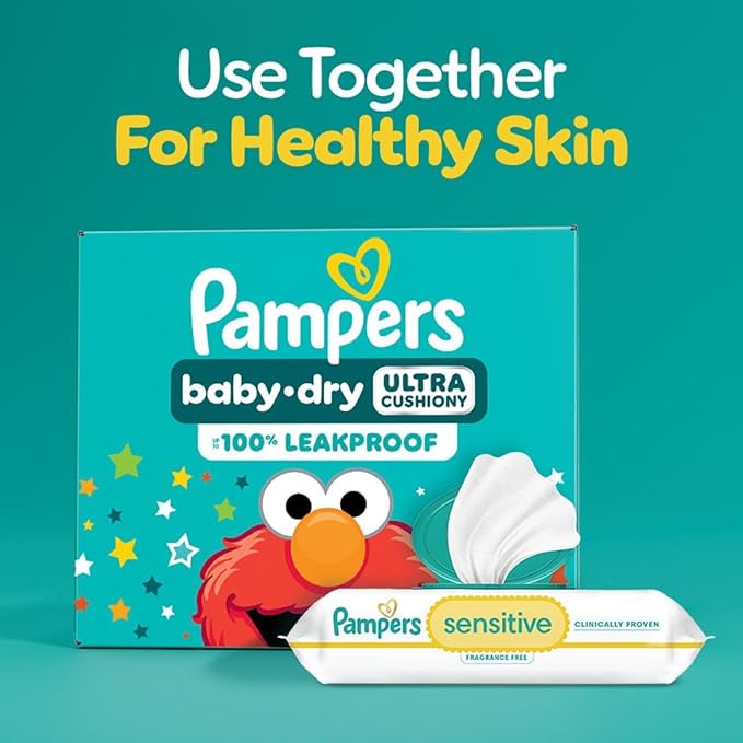 Pampers Baby Dry Disposable Baby Diapers Size 6, 2 Month Supply (2 x 144 Count) with Sensitive Water Based Baby Wipes 12X Multi Pack Pop-Top and Refill (1008 Count)