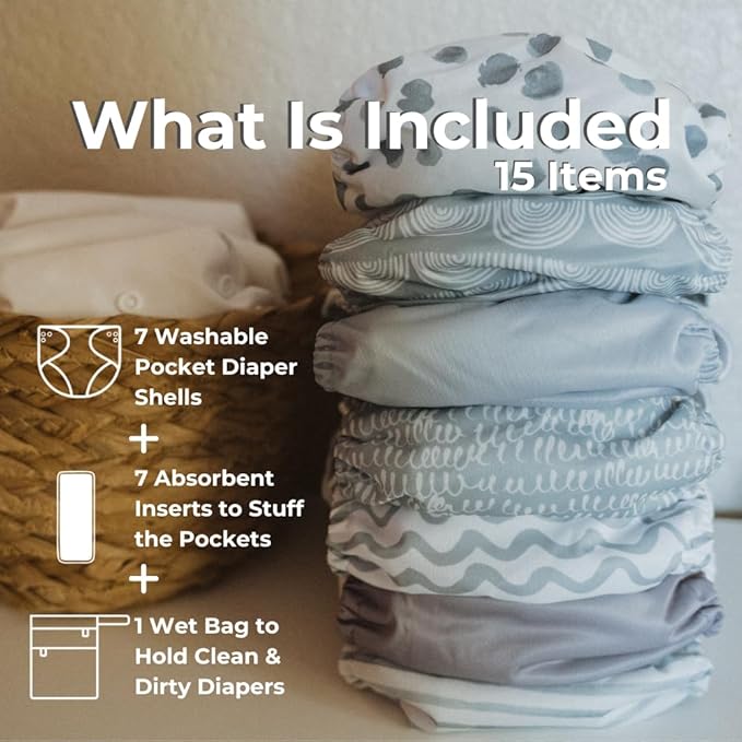 Nora's Nursery Cloth Diapers 7 Pack with 7 Inserts & 1 Wet Bag - Waterproof Cover, Washable, Reusable & One Size Adjustable Pocket Diapers for Newborns and Toddlers - Something Blue