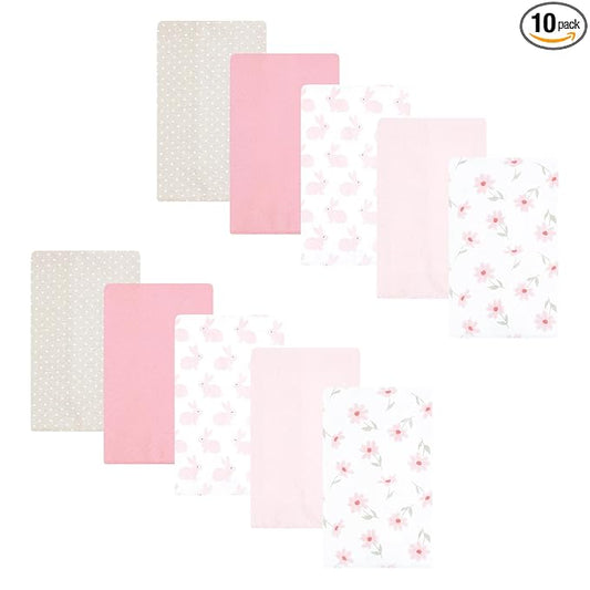 Hudson Baby Unisex Baby Flannel Burp Cloth 10pk, Pink Honey Bunny, One Size