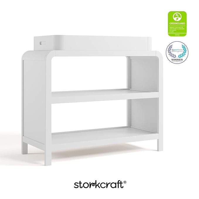 Storkcraft Santos Changing Table (White) – GREENGUARD Gold Certified Baby Changing Table, Solid Wood Construction, Removable Topper Fits Standard-Size Changing Pad