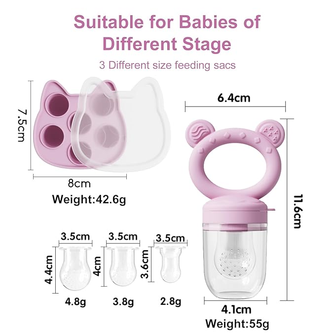 Baby Breastmilk Popsicle Molds & Baby Fruit Feeder (4 Pack), Infant Food Freezer Tray Storage Containers, Silicone Teething Pacifier Feeder and Teether for Babies,Boys and Girls-Pink&Purple