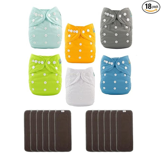 ALVABABY Baby Cloth Diaper 6 Pack with 12 Inserts One Size Cloth Diaper Covers Adjustable Washable Reusable for Baby Girls and Boys