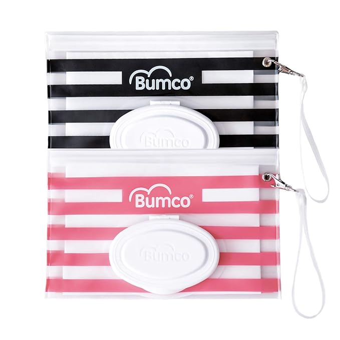 BUMCO Airtight Wipes Dispenser, Keeps Wet, Reusable Refillable Pouch, Diaper Bag Organizer for Travel, Carrying Clutch, Unique Baby Gift for Girl Boy [black & pink]