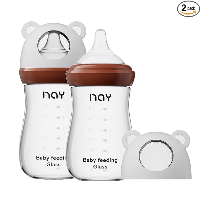 yanyoyo Natural Glass Baby Bottle for Breastfeeding Babies, 8oz Anti-Colic Baby Bottle with Natural Response Nipple(M), Clear, Wide Neck, 2 Pack, 3 Months+