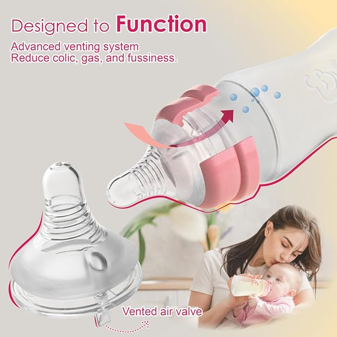 Nenesupply Silicone Baby Bottles Newborn Feeding Bottles Slow Flow Breastfeeding Bottle for Breastfed Babies Wide Neck 8oz Anti Colic Level 2 Nipple for 1+ Month Infant Replace Spectra Bottle Pumping