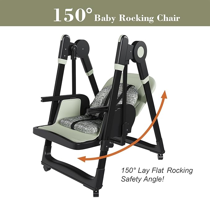 Foldable High Chair for Toddlers with Removable Double Tray & Storage Basket, 5 Height Levels Baby Eating Chair,3 Recline & Footrest Positions, Lockable Wheels,Easy Clean Feeding Chair (Green)