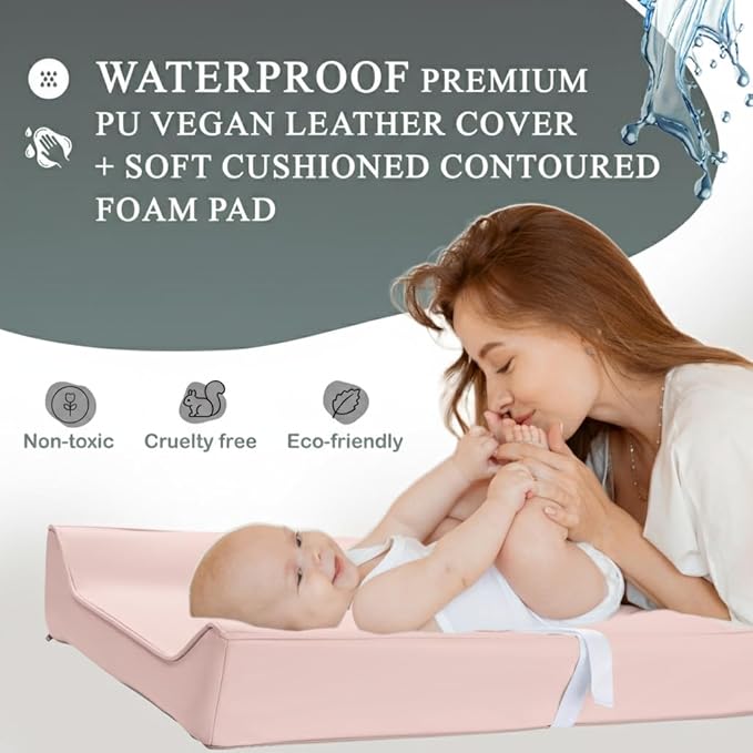 Vegan Leather Contoured Baby Changing Pad | Waterproof & Wipe-Clean PU Leather Diaper Change Mat, Soft, Wipeable Cover, Safety Strap, Non-Slip Bottom, Topper for Standard Infant Diaper Table & Dresser