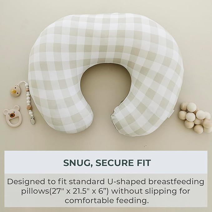Pobibaby 1-Pack Premium Nursing Pillow Cover - Ultra Soft & Stretchy 96% Cotton, Breastfeeding Pillow Cover for Baby Boys and Girls (Gingham Khaki)