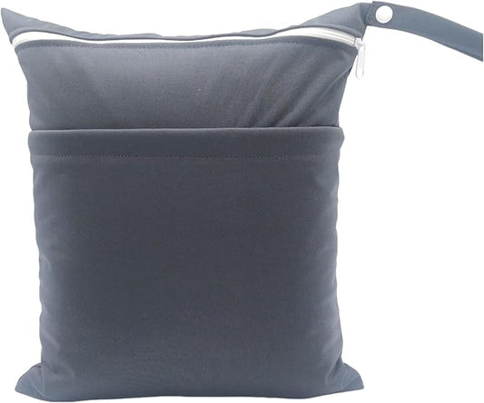 Wet Dry Bag for Baby Cloth Diapers, Waterproof Reusable with Two Zippered Pockets Travel Beach Pool Soiled Baby Items Yoga Gym Bag for Swimsuits or Wet Clothes (Dark Grey)