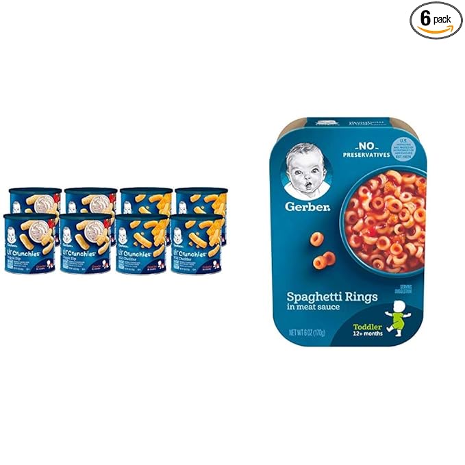 Gerber Snacks for Baby Value Pack (8 Pack) and Gerber Spaghetti Rings in Meat Sauce (6 Pack)