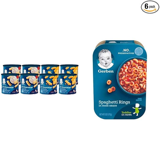 Gerber Snacks for Baby Value Pack (8 Pack) and Gerber Spaghetti Rings in Meat Sauce (6 Pack)