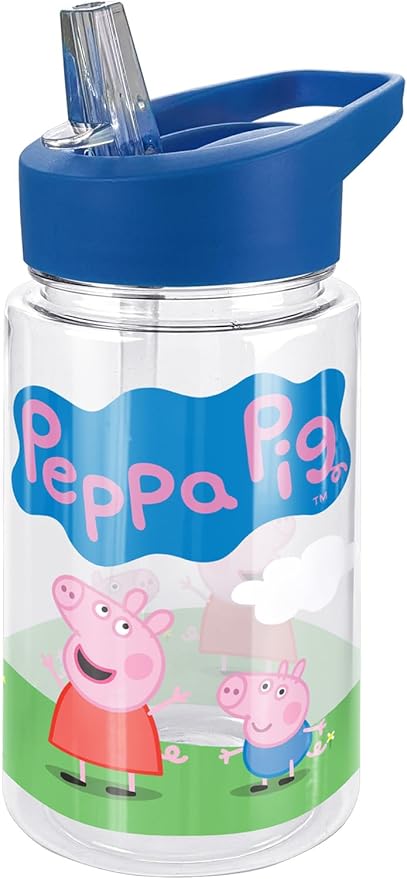 LOGOVISION Peppa Pig Kids Tritan Plastic Water Bottle with Straw Lid and Handle, Reusable Tumbler for Toddlers, Unisex for Girls and Boys, 12oz, Green Grass Scene