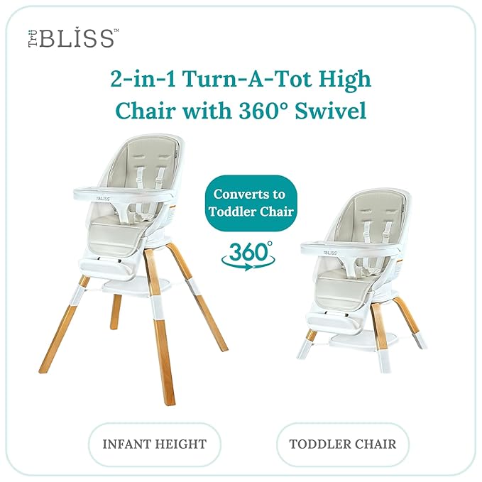 TruBliss Turn-A-Tot High Chair for Babies and Toddlers, 2 in 1 Wooden Portable Baby Feeder or Adjustable Child's Seat with 360 Degree Swivel, Removable Tray, and Pad (Grey Taupe)