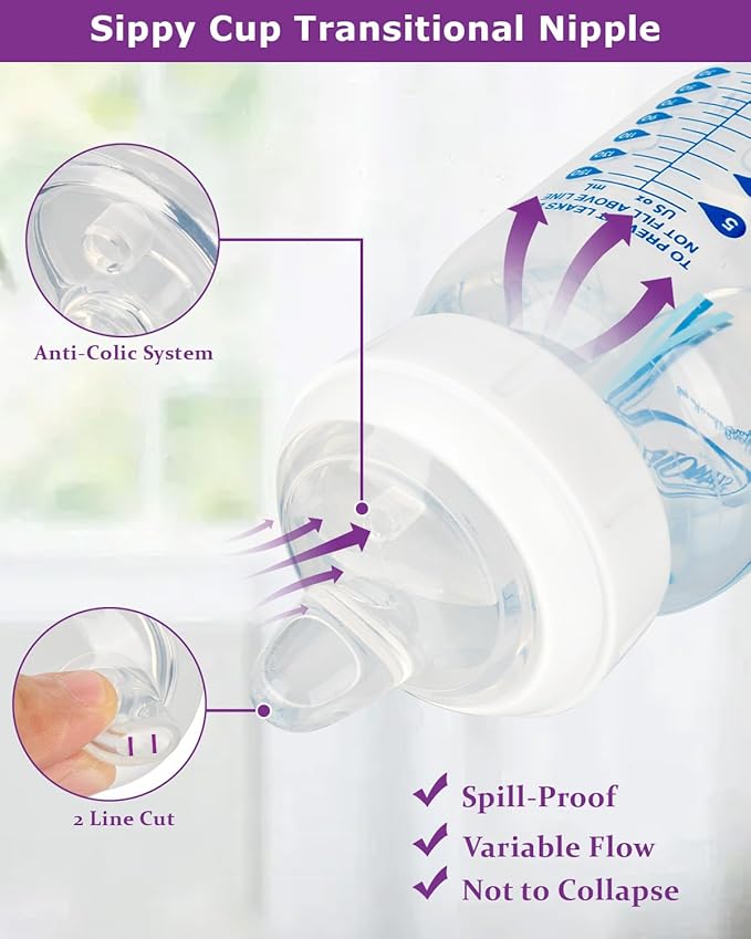 Sippy Nipple for Dr. Brown's Wide-Neck Baby Bottles and Sippy Spout Bottles,Variable Flow, Silicone Conversion Nipples,6+ Months,4 Count