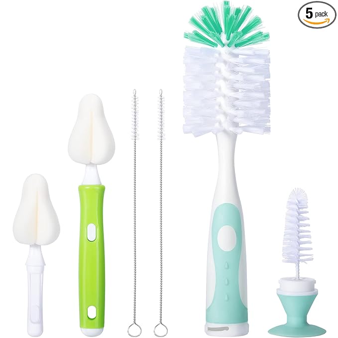 CAREBABYMORE Baby Bottle Brush with One Base Hidden Nylon Nipple Cleaner, 2 Pcs Sponge Nipple Brushes, 2 Pcs Straw Brushes, Bottle Brush with Nipple Cleaner and Suction Cup (Green)