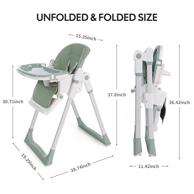 Sunchild 3-in-1 Baby High Chair with Wheels, 5-Point Harness, Tray, Footrest, and Backrest, Foldable and Adjustable for Toddlers 6-36 Months, Green
