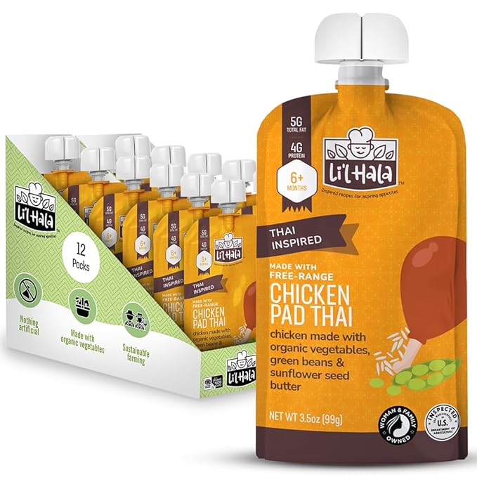 Li'l Hala Chicken Baby Food Meat Pouch | Pad Thai (12 ct) | 6+ Months Savory Baby Food Pouches with Protein and Organic Veggies, Nutrient Packed Toddler Snacks with Iron & Fiber | Stage 2 Meat Puree