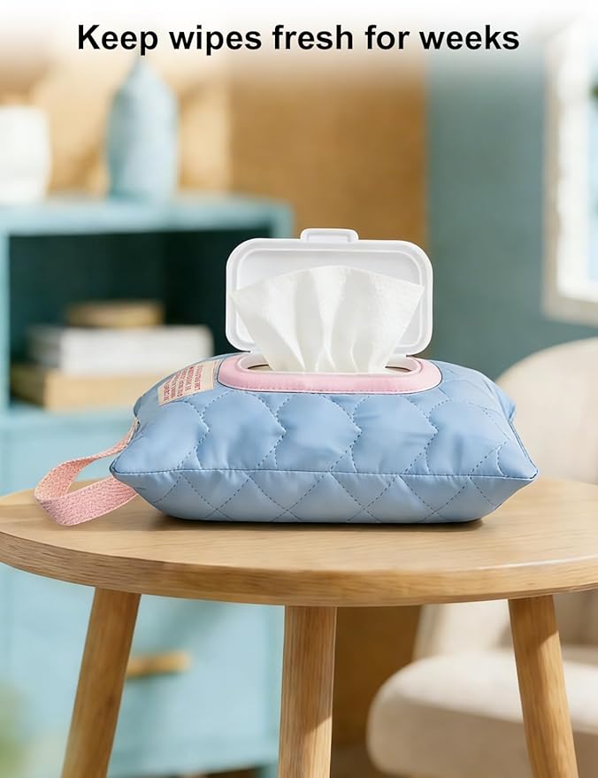Reusable Baby Wipe Cover Fabric Quilted, Universal Size Travel-Friendly Baby Wipes Bag with Zipper Compatible with HUGGIES,WaterWipes,Pampers,Johnson and More Brands (Blue)