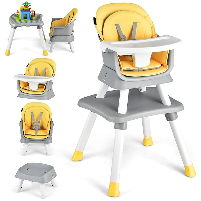 HOMGX Baby High Chair, 8-in-1 Convertible High Chair w/Removable Tray & Safety Harness, Infant Dining Booster Seat, Building Block Table & Chair Set, Highchair for Babies and Toddlers (Yellow)