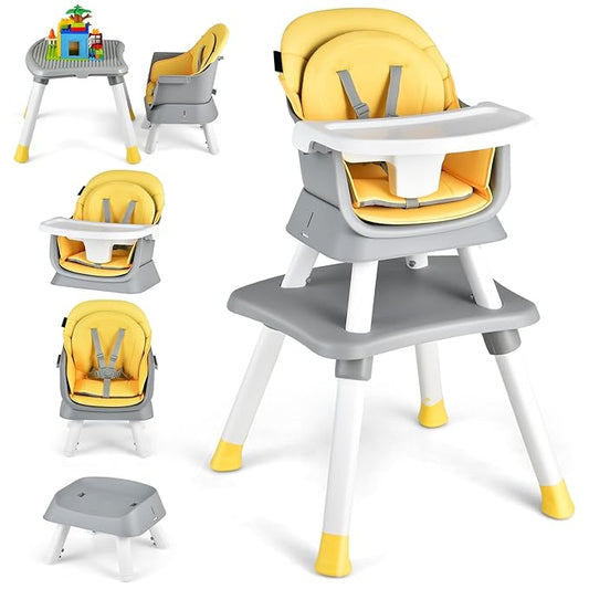 HOMGX Baby High Chair, 8-in-1 Convertible High Chair w/Removable Tray & Safety Harness, Infant Dining Booster Seat, Building Block Table & Chair Set, Highchair for Babies and Toddlers (Yellow)