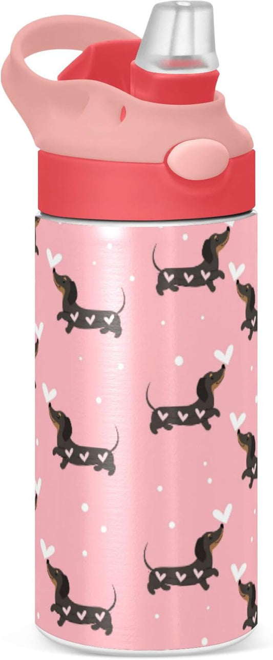 Pink Love Dachshund Dogs Kids Water Bottle with Straw and Carry Handle Cute Puppy Dog Vacuum Insulated Stainless Steel Bottles Leak-Proof for Boys Girls Toddler 12 oz Pink Lid