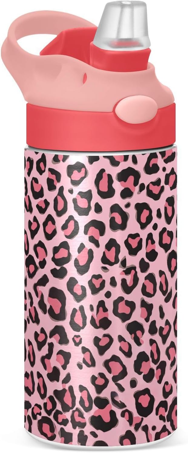 Purple Cheetah Kids Water Bottle with Straw and Carry Handle Leopard Vacuum Insulated Stainless Steel Bottles Leak-Proof for Boys Girls Toddler 12 oz Pink Lid