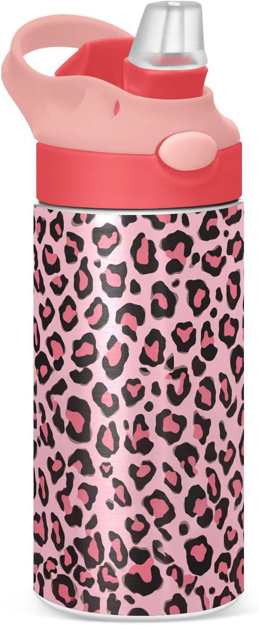 Purple Cheetah Kids Water Bottle with Straw and Carry Handle Leopard Vacuum Insulated Stainless Steel Bottles Leak-Proof for Boys Girls Toddler 12 oz Pink Lid