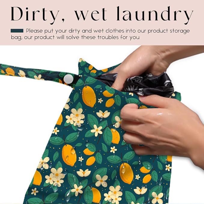 Wet Bag, Wet Dry Bag, Waterproof Swim Bags, Machine Washable Reusable Bags for Beach, Pool, Diapers, and Dirty Yoga Gym Clothes(Green, Summer Fruit Lemon Pattern