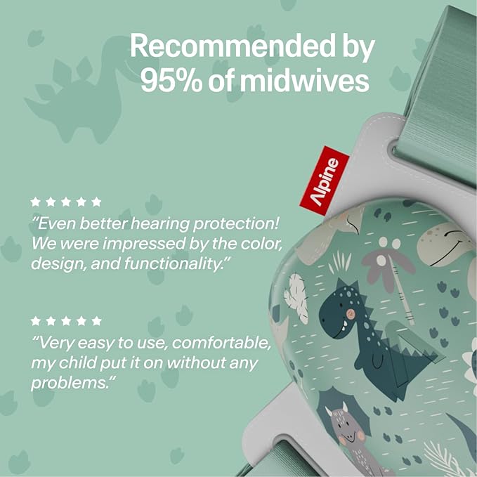 Alpine Muffy Baby Comfort - Protects Hearing for Babies and Toddlers - CE & ANSI Certified - Headband for Safe fit & Comfort - Adjustable for Ages 3-48 Months - 24dB Sound Reduction, Dinos