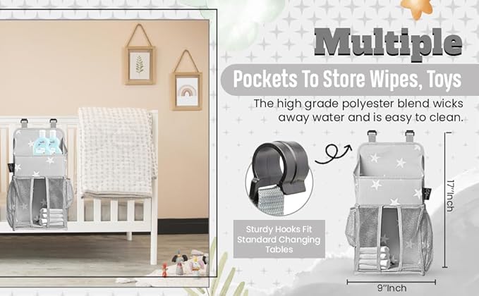 Star Pattern Diaper Caddy and Nursery Organizer for Newborn Baby Essentials, Hang on Crib, Baby Bed. Changing Table or wall. Multiple Pockets to Store Wipes, Creams, Lotions, Toys and more.