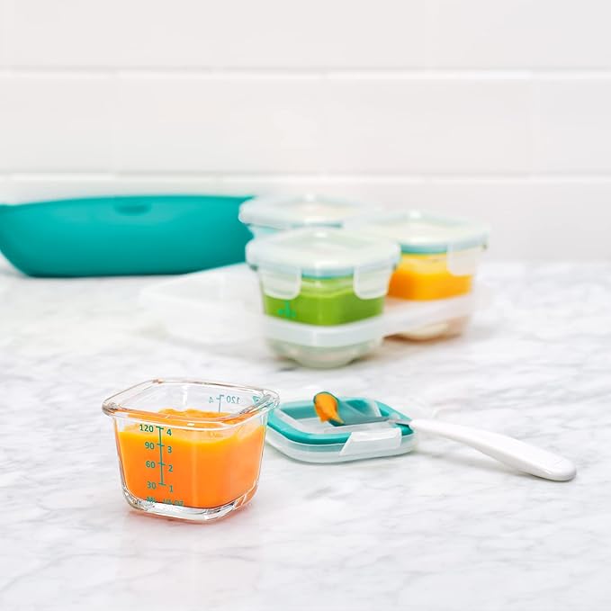 OXO Tot Glass Baby Blocks Food Storage Containers, Teal, 4 oz (Pack of 2)