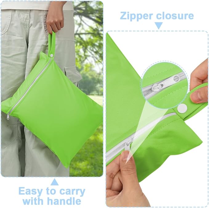 2PCS Wet Bags, Reusable Cloth Diaper Bags with Handle and Zipper, Lightweight Waterproof Travel Laundry Bag, Washable Wet Dry Bag for Baby Items Travel Beach Swimming Gym Camping(Green&Blue)
