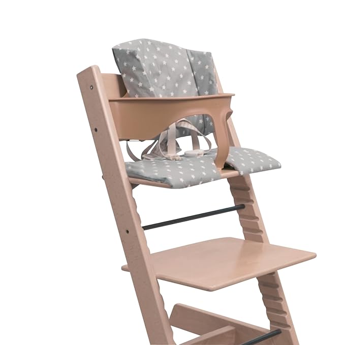 Highchair Cushion for Stokke Tripp Trapp High Chair - Wipe Clean High Chair Pad for Tripp Trapp Highchair - Tripp Trapp Cushion Suitable for use with Baby Set and Harness (Grey with White Stars)