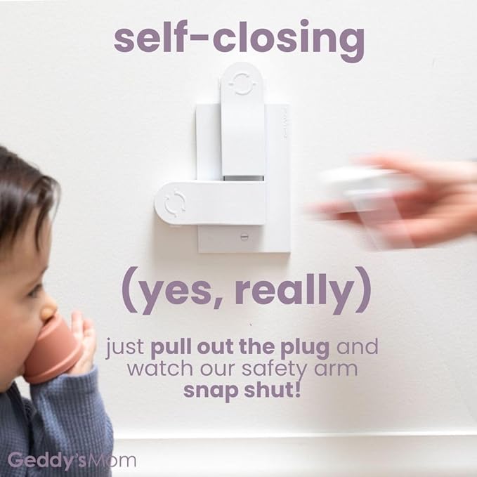 Self-Closing Outlet Cover Plate System by Geddy’s Mom – Automatic Child Safety that Covers Outlets When Unplugged, Shut Your Face, Easy Install, Award-Winning Baby Proofing for 1-Screw Duplex Outlets