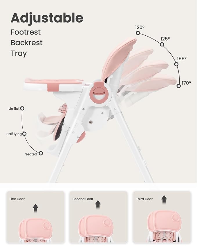 Babilous Foldable High Chair with Soft Cushion, High Chairs for Babies and Toddlers, Height Adjustable Feeding Chair, Adjustable Backrest and Footrest, Lockable Wheels, Star Pink