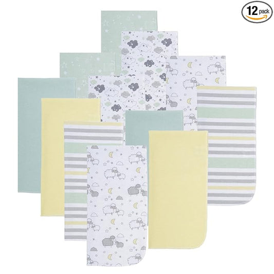 EVERYDAY KIDS 12 Pack Burp Cloths for Baby Boys and Girls - Sheeps, Clouds and Stars