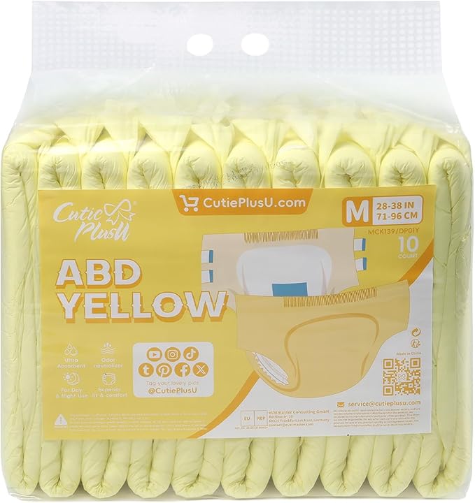 CutiePlusU Disposable Adult Diaper Heavy Absorption Dry Surface All Night- Yellow 10 Pieces (Medium 28"-38")