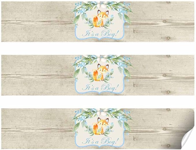Watercolor Woodland Fox It's a Boy Baby Shower Waterproof Water Bottle Sticker Wrappers 20 Wrap Around Labels Sized 1.75" x 8.5" by AmandaCreation
