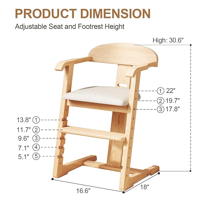 DOMGMUWUJEE Solid Wood Toddler Dining Chair - Adjustable Height Easy to Clean Toddler high Chair - Kids high Chair from 3 Years to 200 Lb, Grow with Child (Natural Grey)