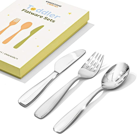 KINGSTONE Kids Silverware Set 3 Pieces, 18/10 Stainless Steel Kids Utensils, Children Safe Fork, Spoon & Knife, Food-Grade, Mirror Polished, Dishwasher Safe for Daily Use